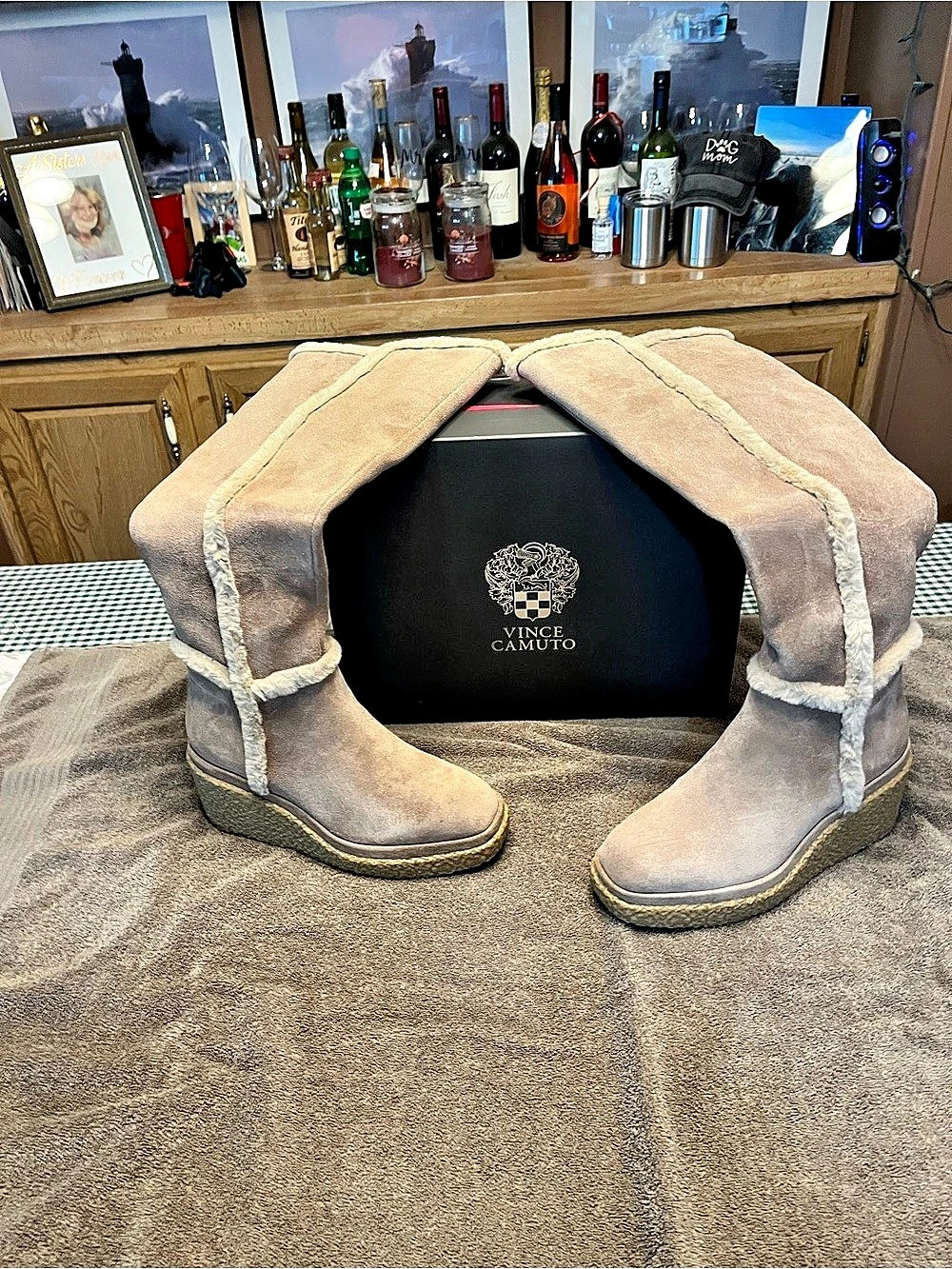 Vince Camuto Ve-Zeleen Suede Wedge Boots in Brown & Cream